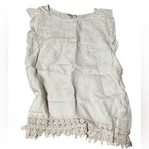 Terzo Millennio Ivory Cap Sleeve 100% Linen Blouse Top Crochet Eyelet Hem Med